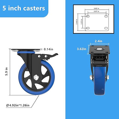 5'' Caster Wheels with Brake, Heavy Duty Casters Set of 4, Swivel Top Plate Casters with Double Ball Bearings, Industrial Locking Castor Wheels for Furniture, Workbench, Cabinet