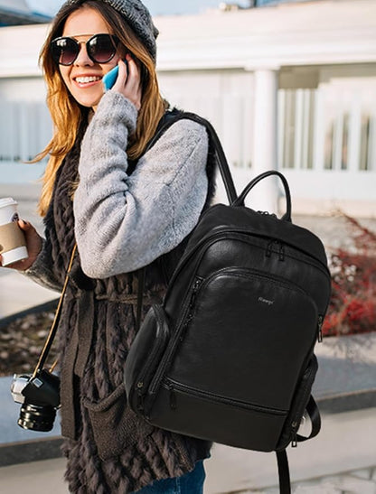 Leather Backpack for Women, Fits 15.6 Inch Laptop, Soft Vegan Leather Backpack for Travel and Daily Use, Black