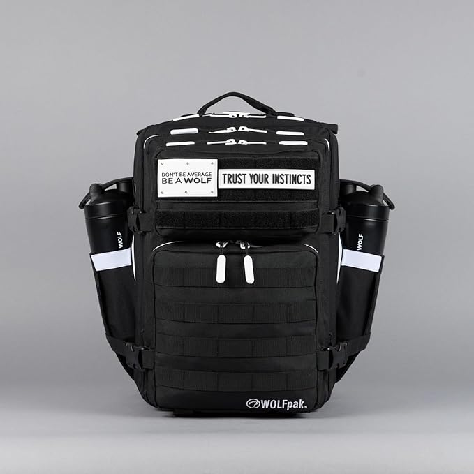 WOLFpak 35L Athletic Gym Backpack - Durable 1000D Waterproof Oxford Material with MOLLE Webbing, Laptop Pocket & Dual Cup Holders, Durable Fitness/Travel/Military Daypack (Alpha Black White Accents)