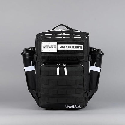 WOLFpak 35L Athletic Gym Backpack - Durable 1000D Waterproof Oxford Material with MOLLE Webbing, Laptop Pocket & Dual Cup Holders, Durable Fitness/Travel/Military Daypack (Alpha Black White Accents)