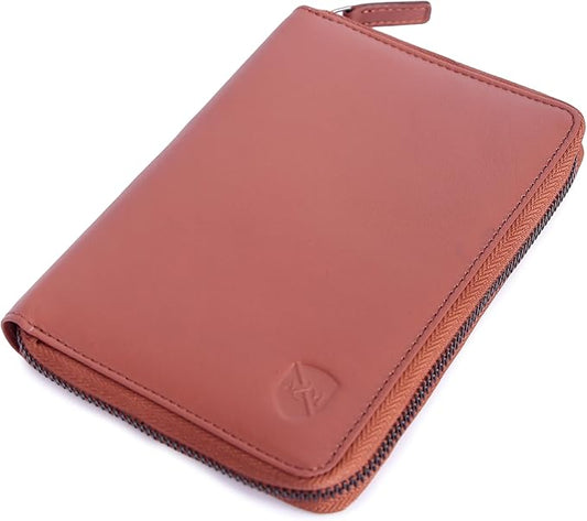 ALLEN & MATE 100% Leather Passport Holder for Women & Men - RFID Blocking Travel Document Organizer with Credit Card & SIM Slot, Slim Genuine Leather Wallet for Travel Essentials, Tan