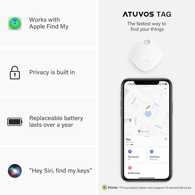 ATUVOS Air Tracker Tag-1 Pack, Bluetooth Luggage Tracker Works with Apple Find My APP (iOS Only, Not for Android), Keys Finder and Item Locator for Luggage, Backpack, Suitcases, Replaceable Battery