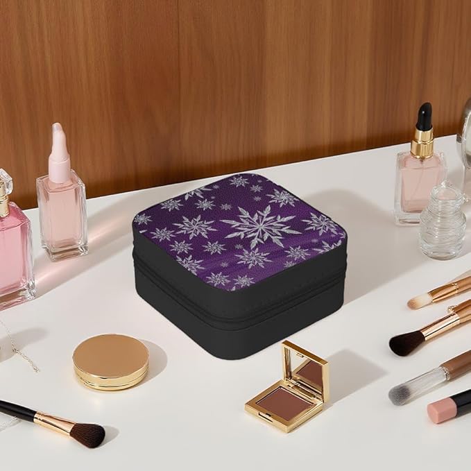 Christmas Purple Snowflake Jewelry Case with Mirror, Small Travel Jewelry Organizer, Portable Mini Storage Box for Rings, Earrings, Necklaces, Gift for Mother Mom, Girl, Bridesmaids, Mother's Day