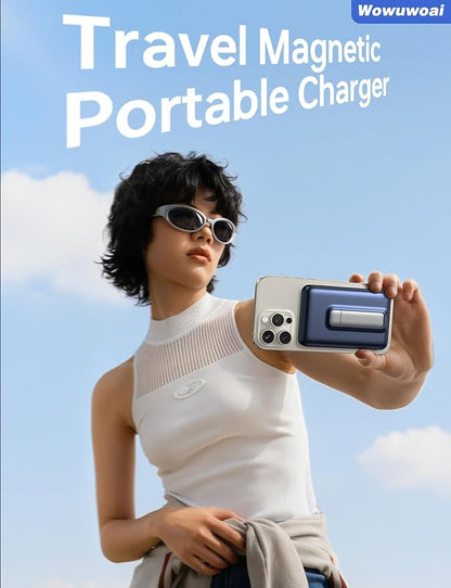 for Magsafe Portable Charger, 10000mAh Wireless Power Bank with Stand and PD 20W, USB C Fast Charging Powerbank, Magnetic Battery Pack Compatible with iPhone 17/16/15/14/13/12 Pro Max - Dark Blue