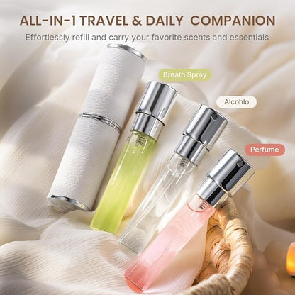 Perfume Atomizer, Rotary-Lift Nozzle, Cap-Free, Leather Refillable Spray Bottle, High-end Portable Dispenser, Travel Size TSA Approved 0.27oz/8 ml(White Purple Black)
