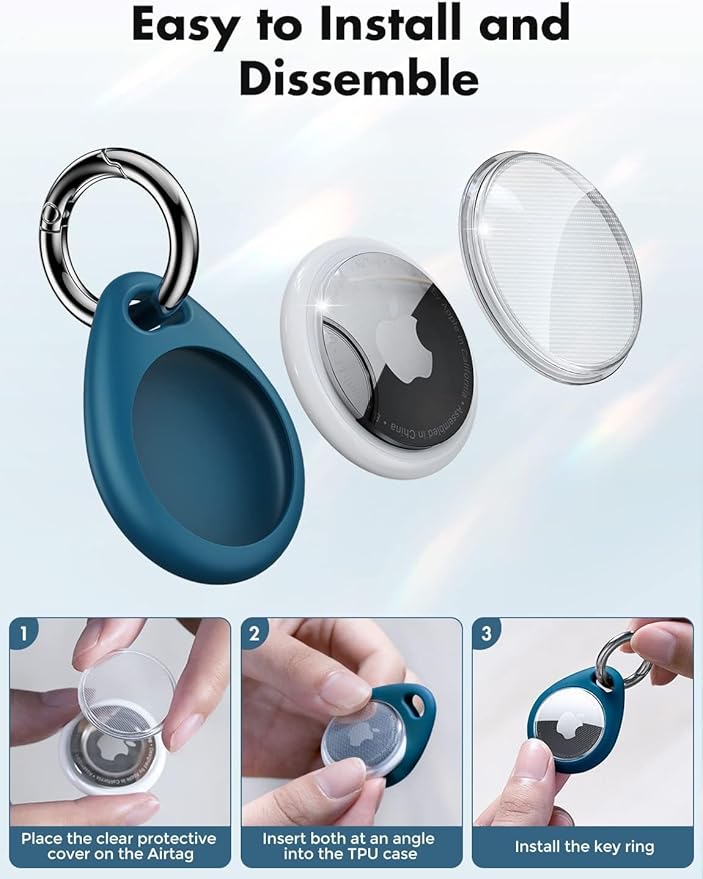 UNBREAKcable AirTag Holder for Apple - 4 Pack Air Tag Case [Fit Tightly Design] [Easy to Install] [Hold Securely] Waterproof TPU Protective Cover with Metal Keychain for Kids,Pet,Luggage,Backpack,Keys