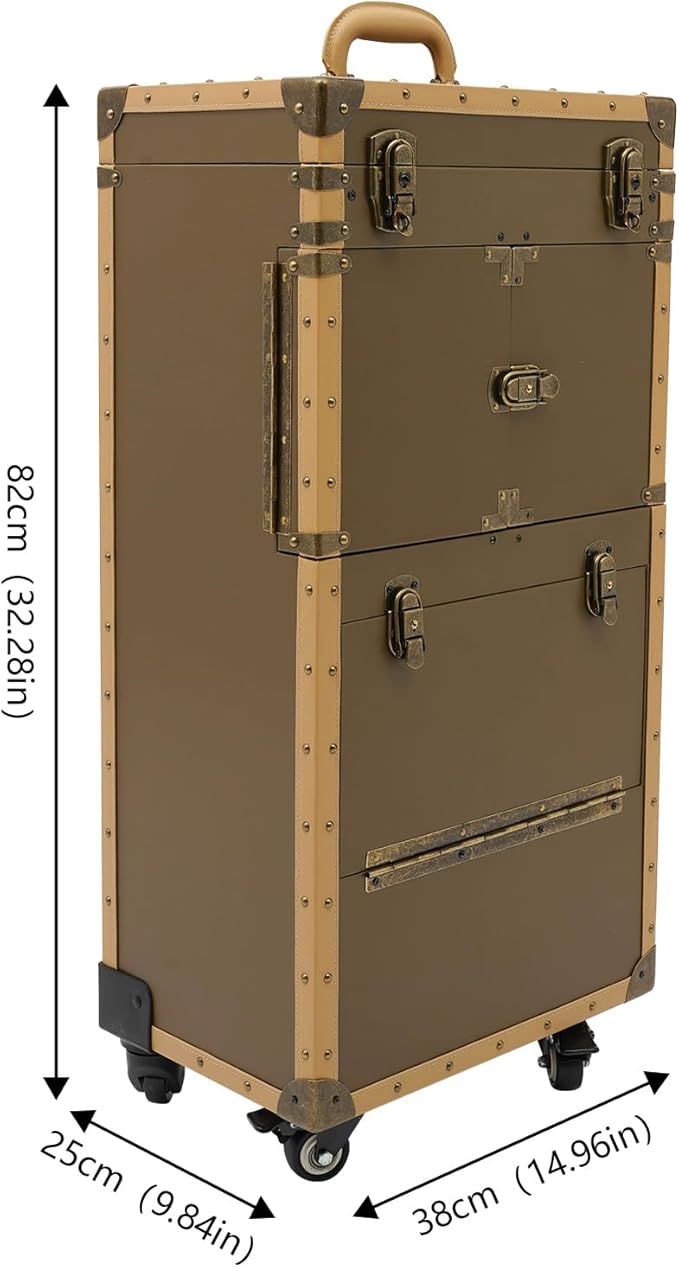 Beauty Rolling Makeup Train Case, Professional Lockable Rolling Salon Luggage, Retro-Rolling Cart Storage Organizer Trolley Make Up Case, 4 Universal Wheels, Retractable Rod, Buckle (Gold)