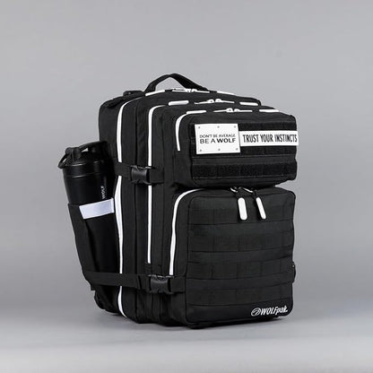 WOLFpak 35L Athletic Gym Backpack - Durable 1000D Waterproof Oxford Material with MOLLE Webbing, Laptop Pocket & Dual Cup Holders, Durable Fitness/Travel/Military Daypack (Alpha Black White Accents)