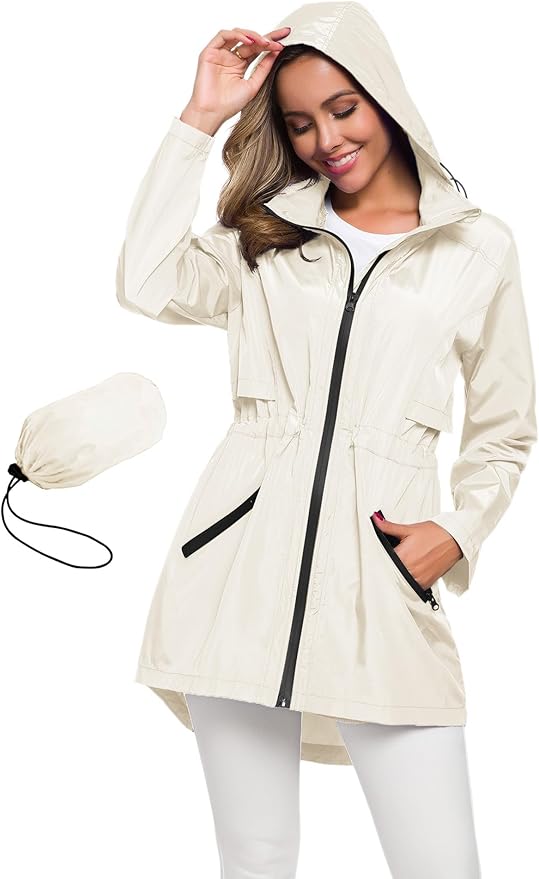 Avoogue Women's Long Raincoat with Hood Outdoor Lightweight Windbreaker Rain Jacket Waterproof