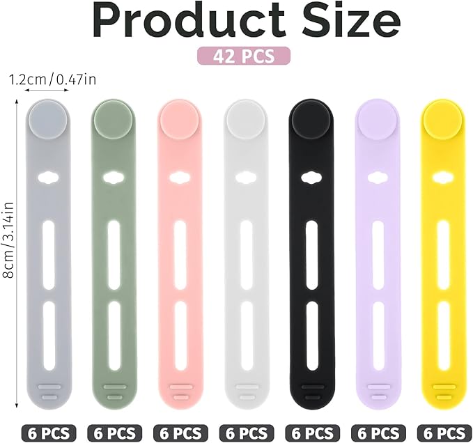 42 PCS Silicone Cable Ties Reusable, Silicone Cord Ties Reusable Cord Keeper Organizer for Office, Multipurpose Elastic Cable Silicones Wire Tie for Bundling Fastening Earphone Phone Charging Cords