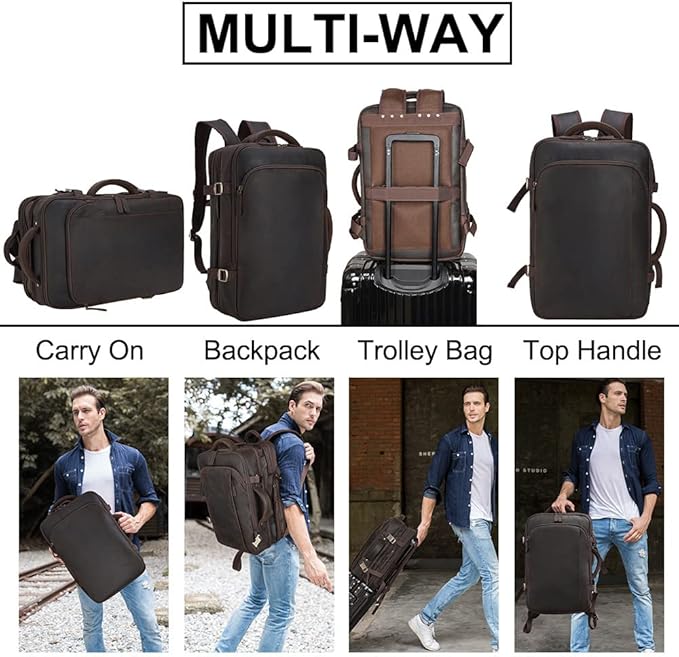 Masa Kawa Leather 15.6 Inch Laptop Backpack for Men Expandable 36L Business Travel Rucksack Daypack Weekender Bag