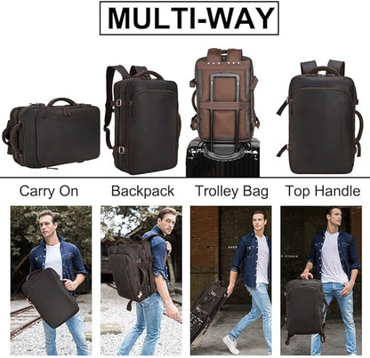 Masa Kawa Leather 15.6 Inch Laptop Backpack for Men Expandable 36L Business Travel Rucksack Daypack Weekender Bag