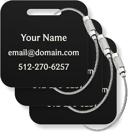 Custom Metal Luggage Tags (3 or 6 Pack) - Personalized Unique Suitcase & Backpack Travel, Durable, Waterproof & Heavy Duty (Black)