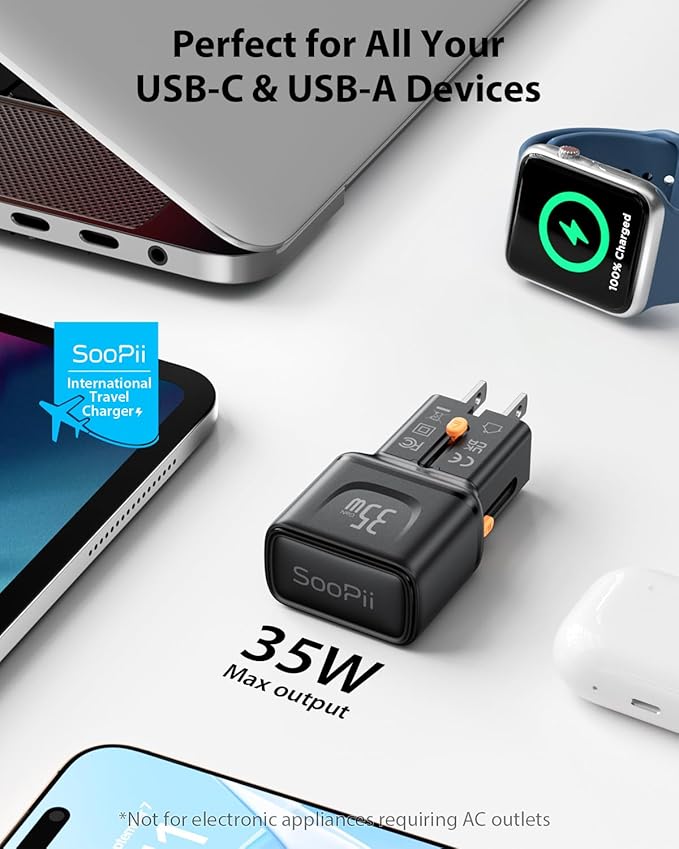 SooPii Gan USB C Charger 35W, 2 Port PD PPS QC Universal Travel Adapter, All-in-One Travel Charger with US UK EU AU Plug Adapter for for Galaxy S25/S24/Note 20, iPhone 16/15/14, iPad, Pixel and More
