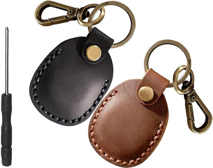 Genuine Leather AirTag Keychain Compatible with Apple AirTags Holder Leather Key Ring, Anti Lost Secure Keyring Case for Pet Collar Bag Travel, Protective Air Tag Key Chain Cover, 2 Pack Black/Brown