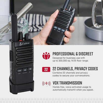 Cobra PX652 Professional Walkie Talkies - Rechargeable, 22 Channels, 300,000 sq. ft/25 Floor Range, Dust Protected & Splashproof (IP54 Rating), Headsets and Chargers Included (2-Pack)