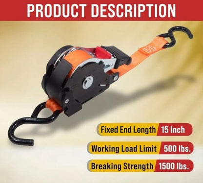4 Pack Orange Auto Retract NO-RATCHETING Ratchet Straps | 1" x 12' Retractable Ratchet Straps with Zinc Coated S Hook Tiedowns for Motorcycles, ATVs, Bikes, Trailer Tie-Down
