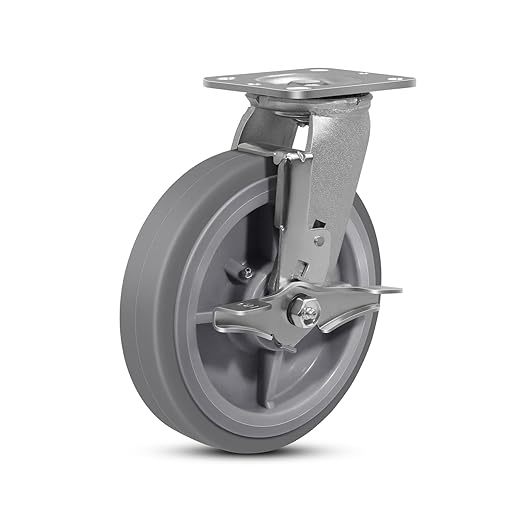 8 Inch Rubber Wheels (Flat Tread)- Heavy Duty Casters, Industrial Caster Wheels- with up to 1200 LB Capacity- Use for Dollies, Utility and Maintenance Carts(1 Brake)