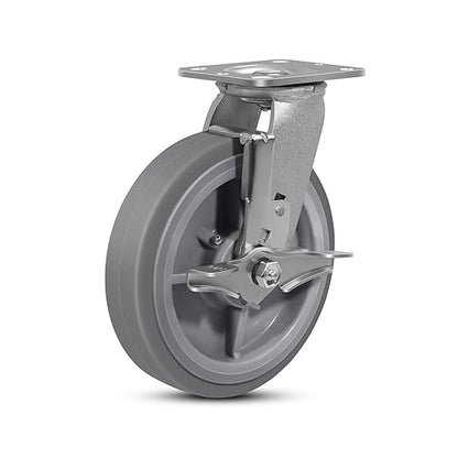8 Inch Rubber Wheels (Flat Tread)- Heavy Duty Casters, Industrial Caster Wheels- with up to 1200 LB Capacity- Use for Dollies, Utility and Maintenance Carts(1 Brake)