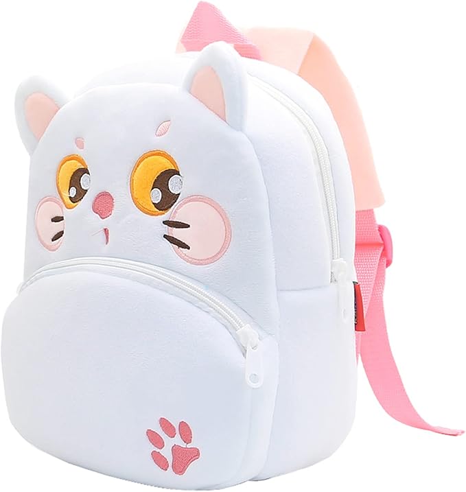 Cute Toddler Backpack,Cartoon Cute Animal Plush Backpack Toddler Mini School Bag for Kids Age 2-4 Years Old(White Cat)