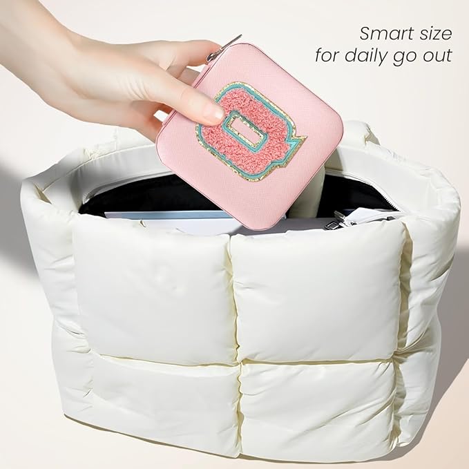 SANDJEST Personalized Jewelry Box, Pink Travel Jewelry Box with Initial Q, Small Monogrammed Jewelry Case Organizer for Girls Women Teen Kids, Mini Travel Essentials Gifts for Birthday Christmas