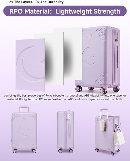 Somago Expandable 2-Piece Luggage Sets 20"/24" Suitcases with Shock-Absorbing Braking Spinner Wheels Moon Star Design Hard Shell Suitcase with Cupholder TSA Lock (Light Purple,Expandable 20/24 Inch)