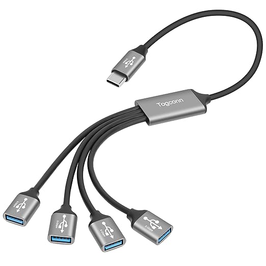 USB C 3.1 Splitter 1-in-4 Out Y-Adapter Cable 2 Feet, 5Gbps USB Type-C 3.1 Male to 4 Four USB-A 3.0 5Gbps Female Multi-Port Extender Connector Hub, Data Charger Power Splitter for iPhone 17/16 Series