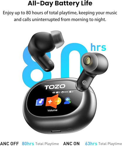TOZO NC20 Pro Active Noise Cancelling Wireless Earbuds with Smart Touch Screen, LDAC Hi-Res Audio, Stereo Bass, 6 Mics AI Call Ear Buds, 80H Playtime, IPX8 Waterproof, 32 EQ via App, Wireless Charging