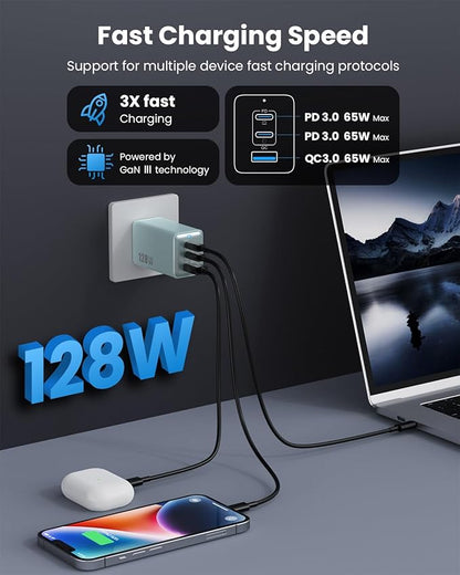 128W USB C Wall Charger,GaN III 3-Port Fast Charging Station,PD QC Foldable Charger Block Portable 65W Laptop Adapter for MacBook Pro/Air,iPad Pro,Galaxy S23,Dell XPS 13,iPhone 17/16/Pro etc