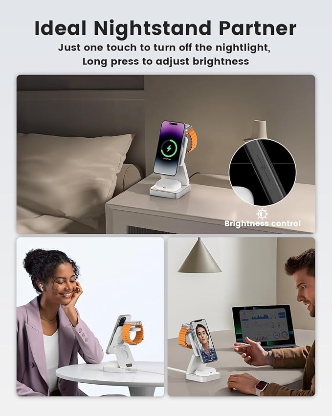 3-in-1 Wireless Charger for iPhone,15W Fast Wireless Charging Station Compatible with Mag-Safe Charger,Magnetic Foldable Travel Charger Stand Nightstand for iPhone 17/16/15/14/13,Apple Watch&AirPods