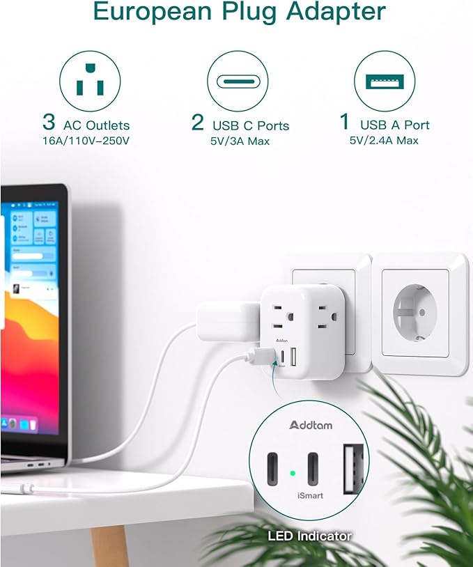 3 Pack European Travel Plug Adapter, Addtam US to Europe Plug Adapter with 3 Outlets 3 USB Charger (2 USB C Port), Type C Power Adaptor to Italy Spain France Portugal Iceland