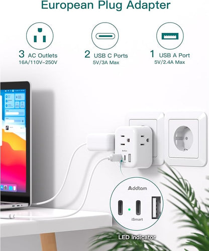 3 Pack European Travel Plug Adapter, Addtam US to Europe Plug Adapter with 3 Outlets 3 USB Charger (2 USB C Port), Type C Power Adaptor to Italy Spain France Portugal Iceland