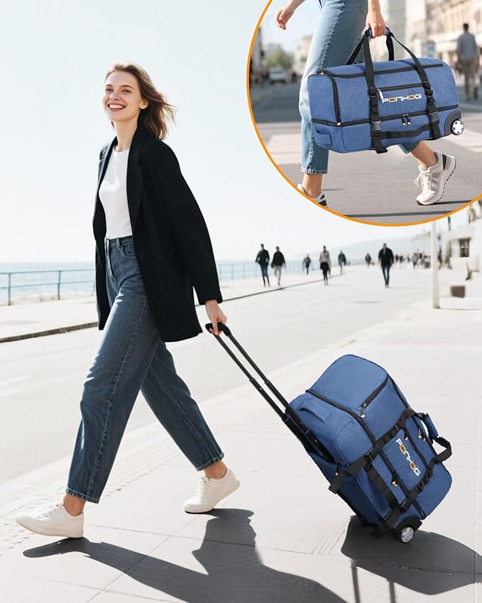25 Inch Duffle Bag with Wheels for Men - Water Resistant Wheeled Duffle Bag for Weekend Travel & Overnight Trips, Blue