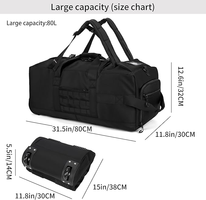 80L Waterproof Rolling Duffel Bag with Quick-Release Straps, Military Tactical Wheeled Foldable For Deployment Traveling Camping Sporting (Black)
