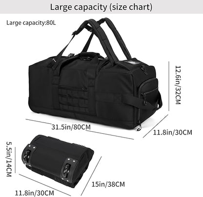 80L Waterproof Rolling Duffel Bag with Quick-Release Straps, Military Tactical Wheeled Foldable For Deployment Traveling Camping Sporting (Black+Drawstring bag)