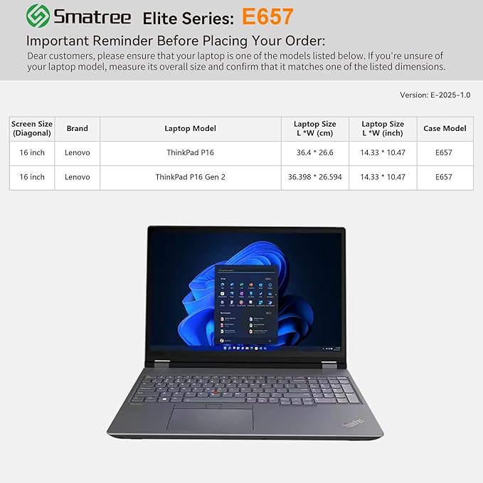 Smatree Laptop Sleeve for 16 inch Lenovo ThinkPad P16/P16 Gen 2 Mobile Workstation,Protective Laptop Case with Accessory Pocket,YKK Zipper,Patented Shockproof Design(E657)