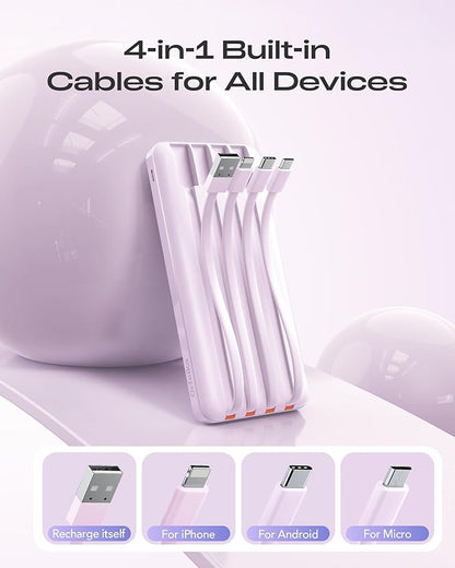20000mAh Power Bank Fast Charging, Portable Charger with 4 Built-in Cables & 6 Outputs, 20W PD USB C Battery Pack Compatible with iPhone 16/15, Galaxy, Android, iPad & More (Travel Essential)
