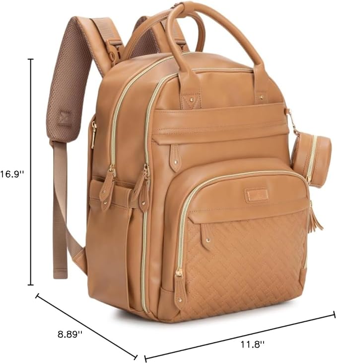 BabbleRoo Leather Diaper Bag Backpack - Baby Essentials Travel Baby Bag, Multi function, Water Resistant, with Changing Pad, Stroller Straps & Pacifier Case – Unisex, Light Brown