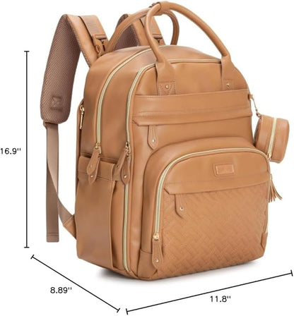 BabbleRoo Leather Diaper Bag Backpack - Baby Essentials Travel Baby Bag, Multi function, Water Resistant, with Changing Pad, Stroller Straps & Pacifier Case – Unisex, Light Brown