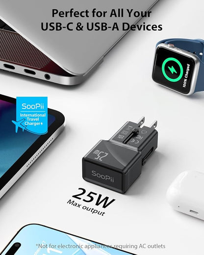 SooPii 25W Universal Travel Power Adapter, International Power Adapter, USB-C PD & USB-A QC Universal Travel Plug, Mini Travel Adapter for UK US EU AU with 100W Smart LED Indicator C-to-C Cable