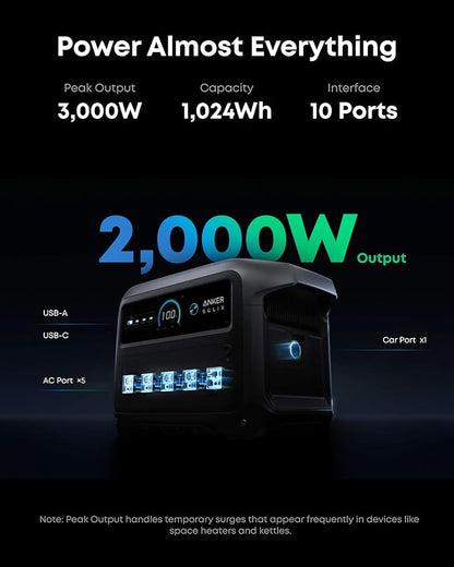 Anker SOLIX C1000 Gen 2 Portable Power Station with 200W Bifacial Solar Panel, 2,000W (Peak 3,000W) Solar Generator, Full Charge in 49 Min, 1,024Wh LiFePO4 Battery