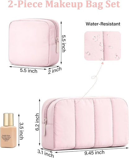 oscaurt 2 Pcs Makeup Bag Travel Toiletry Bag for Women Puffy Padded Cosmetic Pouch Purse Wide-open Makeup Organizer Case Travel Essentials
