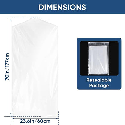50 Pack 23.6"x70" Garment Bags for Hanging Clothes, Thick Clear Plastic Dry Cleaning Covers for Closet Storage & Travel