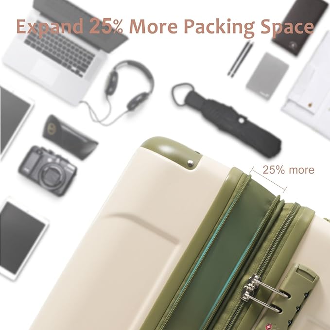 20in Carry On Luggage Hardshell Suitcase with Spinner Wheels Lightweight Lugagge Design Waterproof Durable for Travel, White Luggage (White + Green)