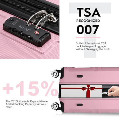 Kono 3 Piece Luggage Sets Expandable(only 28") with Spinner Wheels TSA Lock Lightweight PC+ABS Hardside Travel Rolling Suitcases 20in 24in 28in Carry on Pink