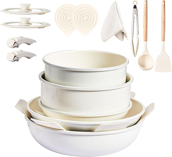 19-Piece Nonstick Pots and Pans Set, Aluminum Cookware Set with Detachable Handles, Non Stick Cooking Set for Kitchen, Induction-Compatible Pots and Pans, White (PFOA-Free)