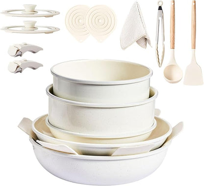 19-Piece Nonstick Pots and Pans Set, Aluminum Cookware Set with Detachable Handles, Non Stick Cooking Set for Kitchen, Induction-Compatible Pots and Pans, White (PFOA-Free)
