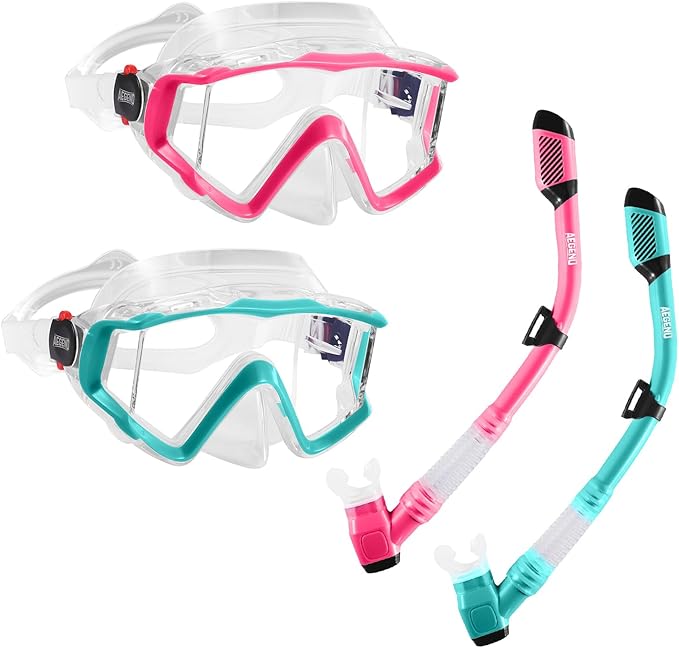 Aegend Snorkeling Gear for Adults Youth Kids, Dry Snorkel Set Panoramic View Enhanced Anti-Leak and Anti-Fog Technology, Adjustable Strap for Snorkeling Scuba Diving Swimming with Mesh Bag