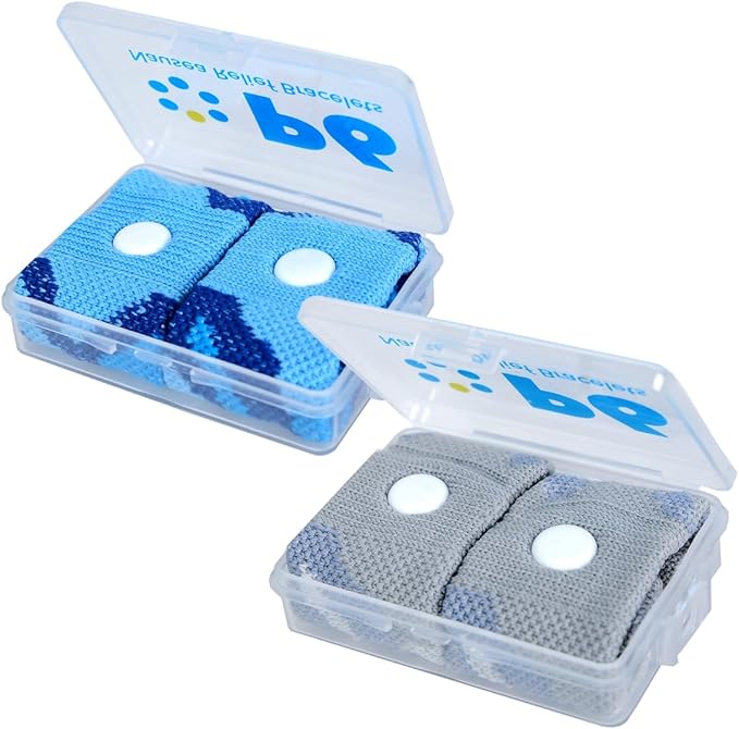 P6 Motion Sickness Bands for Kids Children’s Wristbands for Anti Nausea Sea Cruise Travel Car Sickness All-Natural Non Drowsy Relief Acupressure Treatment 2 Pack (Grey, Blue)