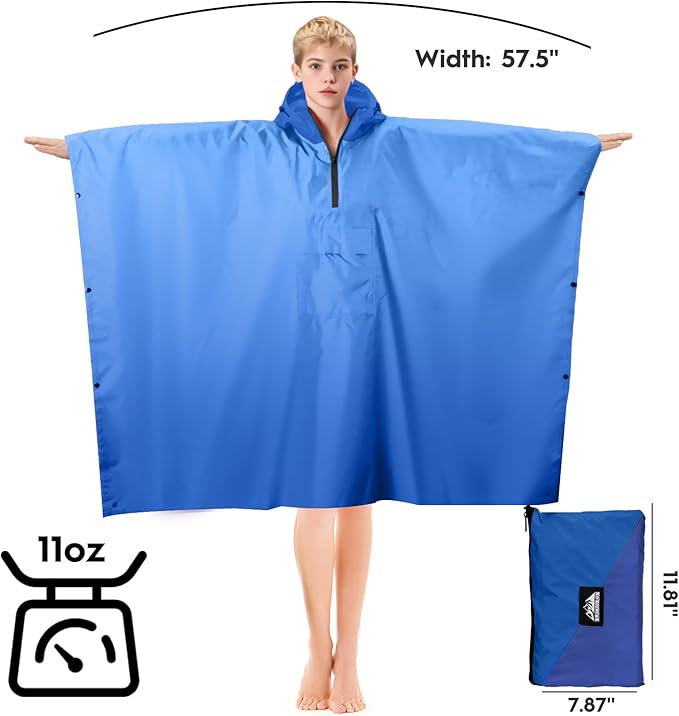 Bruvoalon 3-in-1 Rain Poncho with 1/4 Zip & Chest Pocket, Waterproof, Sunshade, Ground Mat for Adults & Youth Emergency